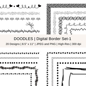 Doodle Digital Borders 1, Digital Frames Clipart, 8,5 x 11, Border Clip Art Set, Desenhado à mão, Comercial, Download digital instantâneo, Imprimível