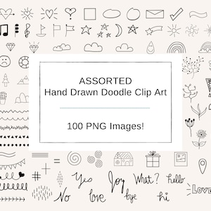 100 Hand Drawn Doodle Clip Art, Uso comercial, Bullet Journal Clipart, Floral, Flechas, Formas, Corazones, Iconos, Iconos PNG, Descarga instantánea