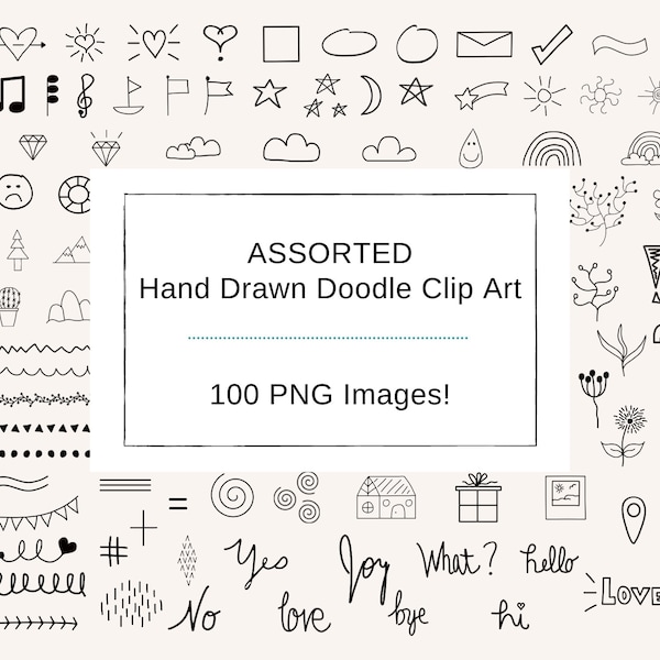 100 Hand Drawn Doodle Clip Art, Commercial Use, Bullet Journal Clipart, Floral, Arrows, Shapes, Hearts, Icons, PNG Icons, Instant Download