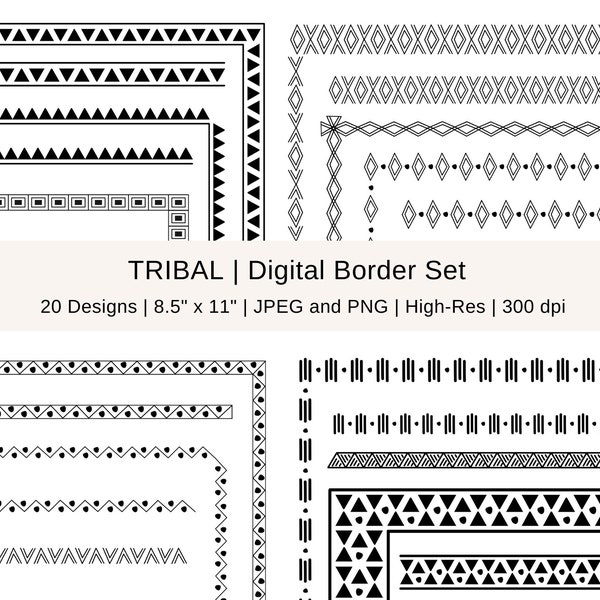 Tribal Digital Borders, Digital Frames Clipart, 8.5 x 11, Doodle Border, Geometric, Shapes, Commercial, Instant Digital Download, Printable