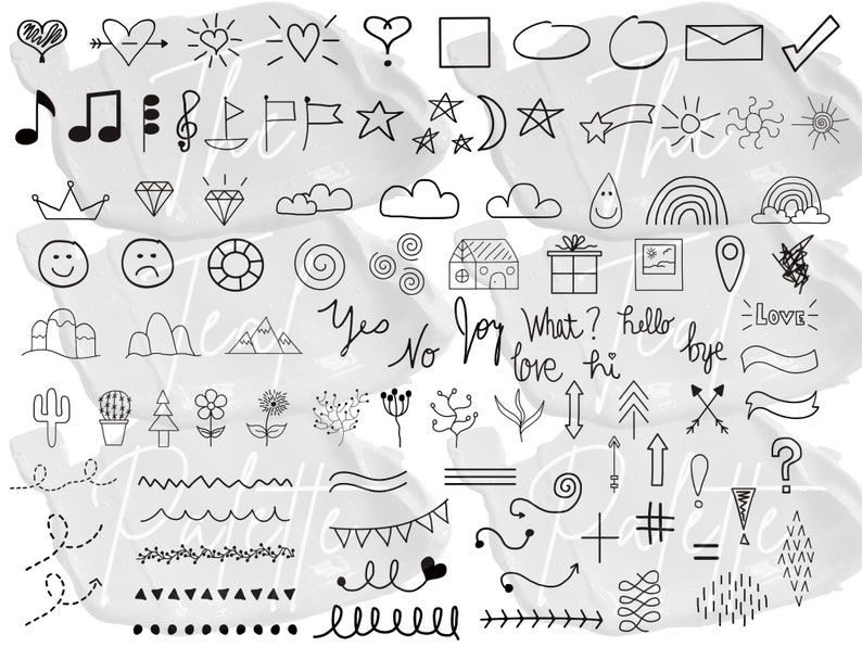 Op de afbeelding: Een verzameling handgetekend doodle-pictogrammen en symbolen, waaronder harten, sterren, wolken, pijlen en meer. De doodles zijn in zwart-wit en zijn geplaatst op een grijze achtergrond.