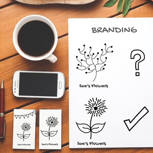 Op de afbeelding: Brandingconcept voor een bloemenwinkel genaamd "Sue's Flowers". Het ontwerp bevat een gestileerde bloem, een vraagteken, een vinkje en de tekst "Sue's Flowers" twee keer herhaald.