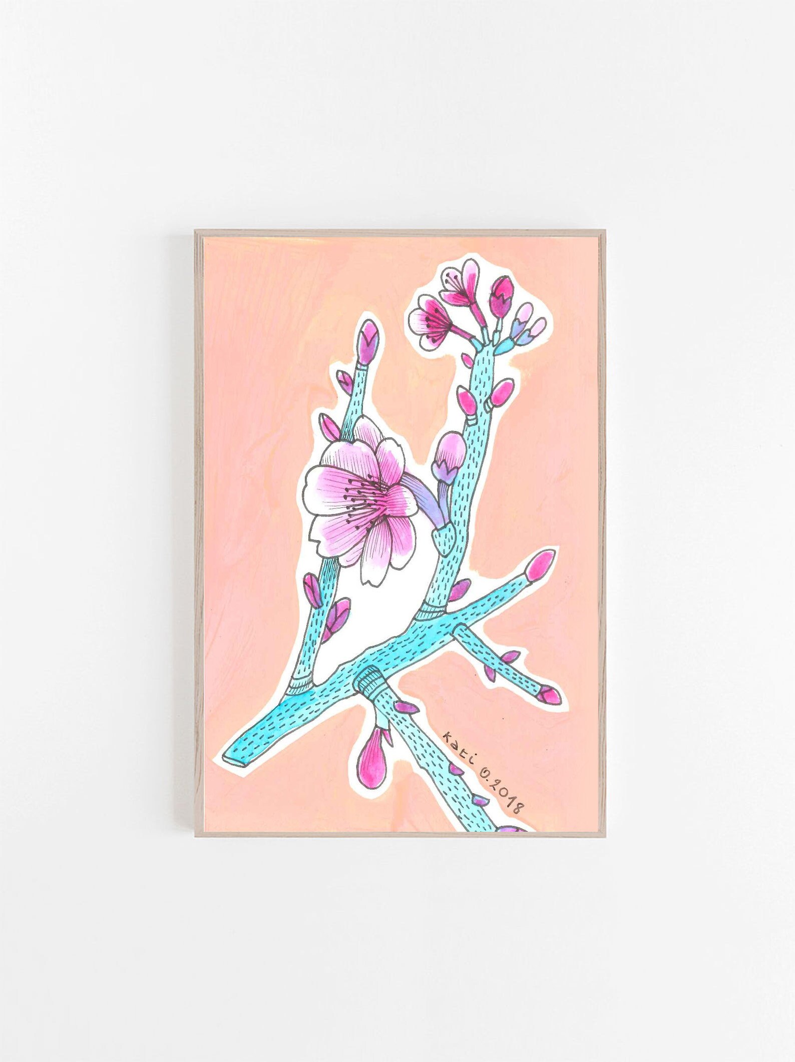 Illustration Originale - Cerisier Aquarelle et Acrylique Cadre Décoration Paris Minimaliste Scandina