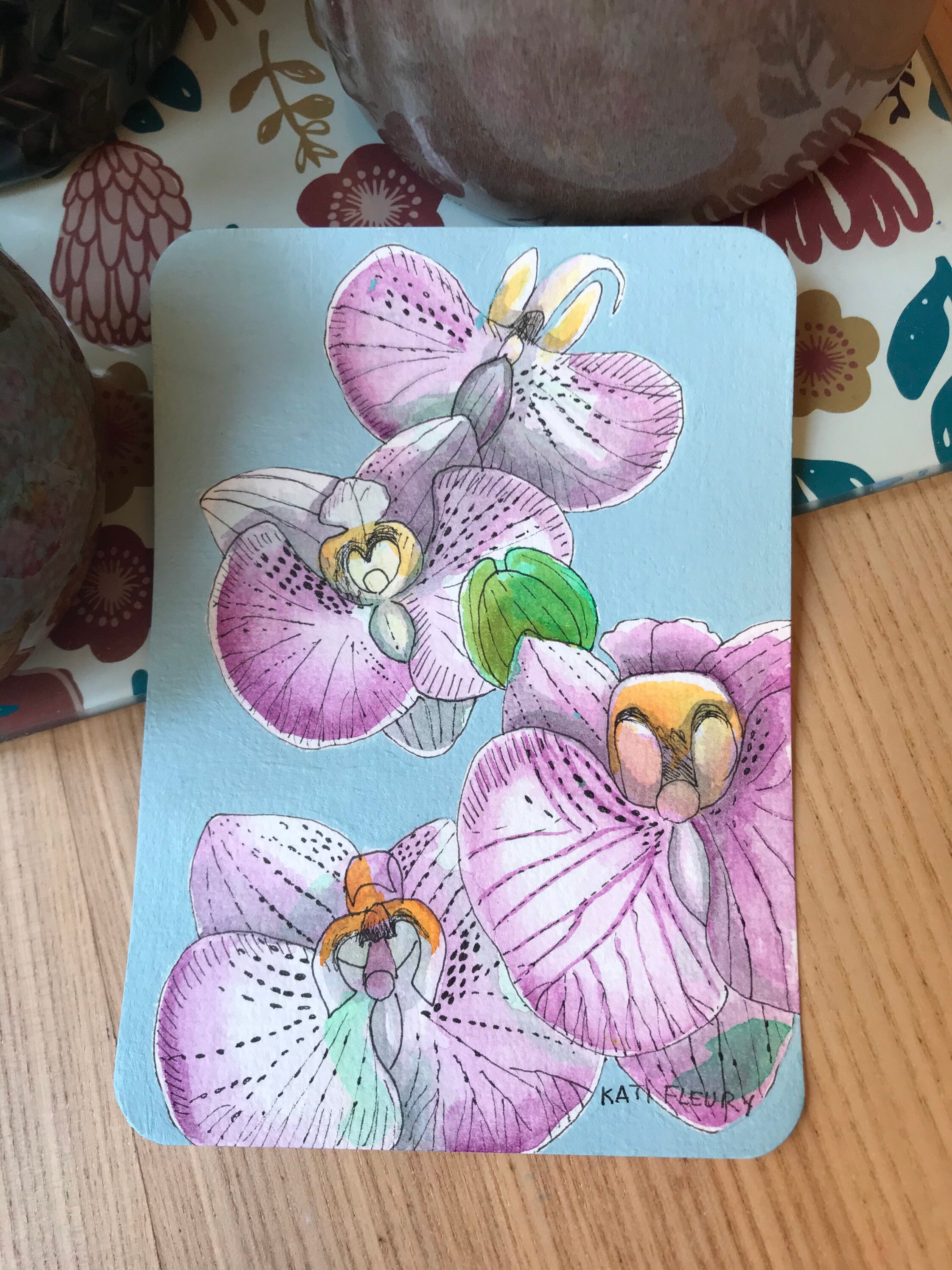 Illustration Originale - Carnet de Voyage Asie Orchidées Carte Voeux Cadeau