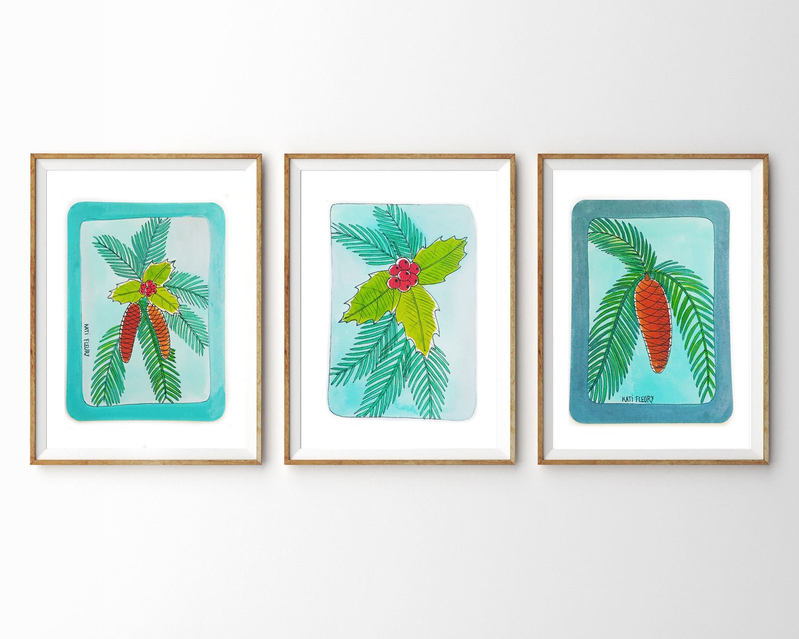 3 Illustrations Originales - Cartes de Noel Pomme Pin N3 Voeux