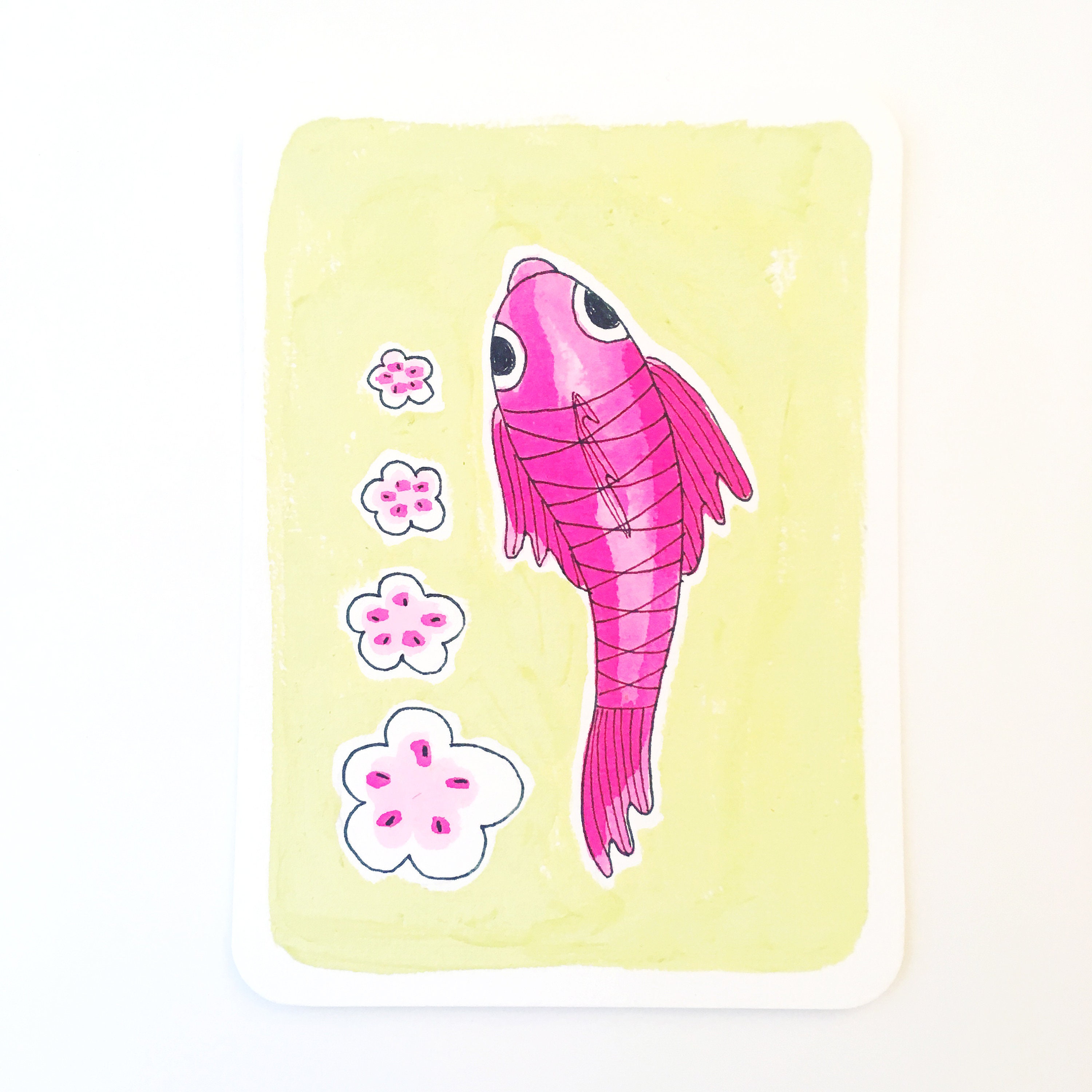 Illustration Originale - Fleurs de Sakura Cerisier Du Japon Petite Carte Voeux Noel -