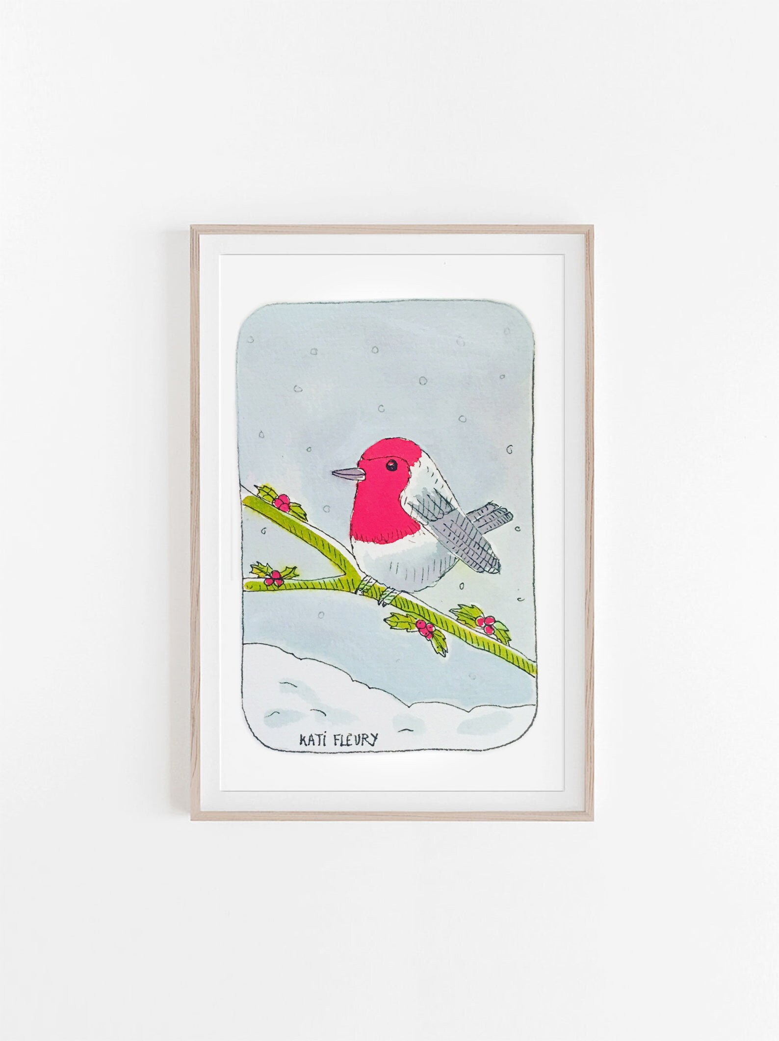 Illustration Originale - Carte de Noel Oiseau N2 Voeux Illustration Cadeau
