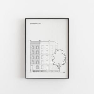 May include: Black and white line drawing print of a Victorian terraced house with a tree in front. The print is framed in a black frame and has the text "VICTORIAN TERRACED HOUSE, SOUTH LONDON, 1871" at the top.