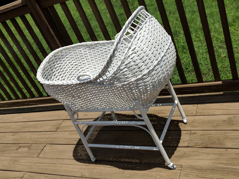 Vintage White Wicker Cradle And Stand Etsy