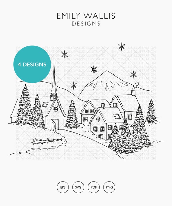 Download Christmas Clipart Commercial License Cottage Winter Scene Etsy