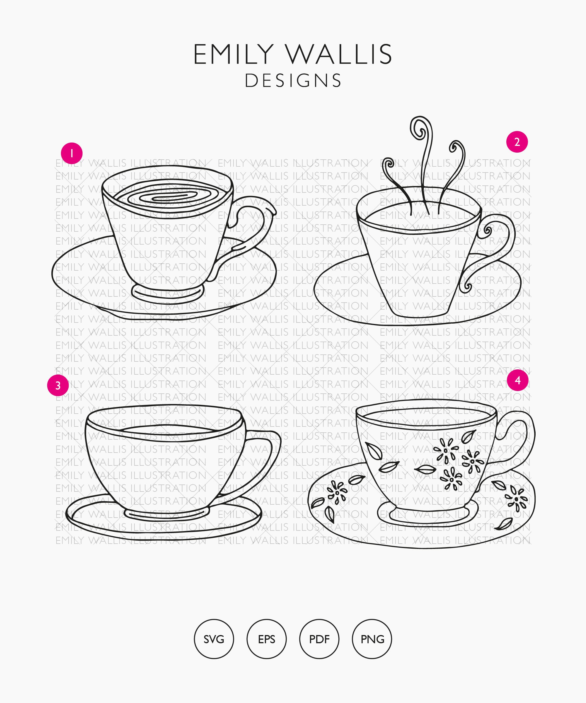 Teacup SVG Files X 15, Tea Cup Clipart, Hand Drawn Illustrated Teacup