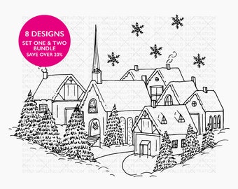 Christmas Cottage SVG, Church SVG, Village Winter Scene PNG, Christmas Village Clipart, Christmas Tree png, Snowflake, Commercial License