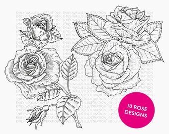 Rose Clipart 10 x Bloemen illustratie ontwerpen Commerciële Licentie, Rozen SVG, Rose Floral PNG, Flower Clip Art, Bruiloft Clipart, bloem SVG