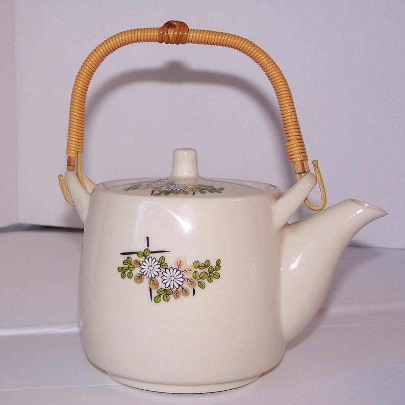 White Japanese Teapot With Gold Overlay And Wicker Handle Etsy
