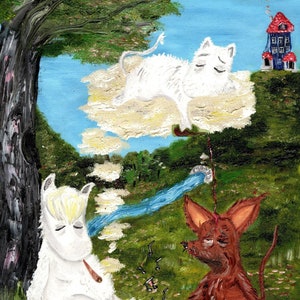 May include: A painting of three white animals, two of which are sitting on a cloud in the sky. The third animal is sitting on the ground with a brown dog. The painting is done in a whimsical style with a blue stream flowing from the cloud to the ground.