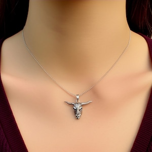 Silver Bull Skull Pendant Necklace – Western Cowboy Biker Jewelry - Western pendant jewelry - Gothic bull necklace - Gift For Her- Mens Gift