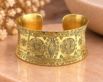 Floral Embossed Brass Cuff Bracelet: Adjustable Boho Tribal Jewelry