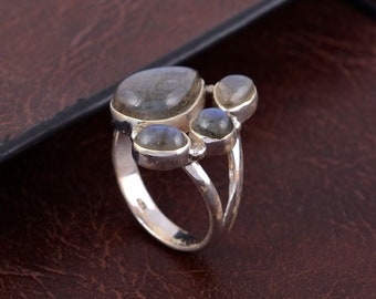 Labradorite Cluster Ring, Multi-Stone Bohemian Ring, Teardrop Statement Ring, Silver Tone Brass Ring, Unique Crystal Jewelry, Gift for Her