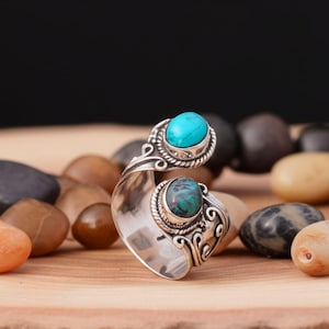 Open Cuff Turquoise Ring - Sterling Silver Adjustable Statement Ring - Two Stone Design - Bohemian Style - Unique Gift for Her