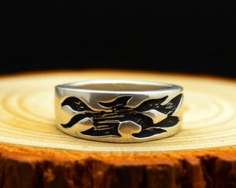 Oxidized Sterling Silver Flame Ring - Biker Style Statement Band - Luxury Jewelry Gift For Her or Him