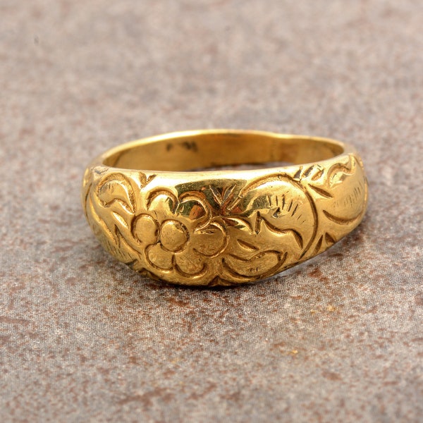 Floral Engraved Brass Dome Ring | Vintage Style Gold Tone Stacking Band