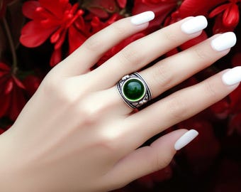 Vintage Grüner Onyx Poison Ring, 925 Sterling Silber, Rundes Medaillon, Geheimfach, Boho Statement Ring, Geschenk für Sie