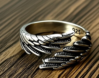Oxidized Sterling Silver Angel Wing Ring - Adjustable Size