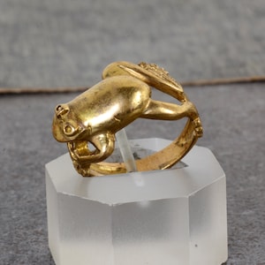 May include: A gold-colored ring featuring a frog design. The frog is depicted with detailed features, including eyes and textured skin. The ring is displayed on a clear, geometric stand against a neutral background.