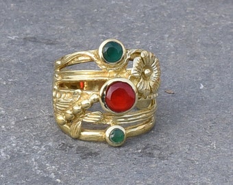 Vintage Style Gold Statement Ring with Ruby and Emerald Accents | Wide Band Floral Cocktail Ring