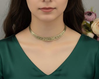 Handcrafted Brass Tribal Choker, Engraved Boho Statement Necklace, Gold Tone Collar Jewelry, Wide Ethnic Choker, Hippie Gift