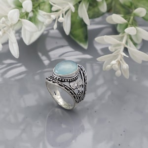 Aqua Blue Gemstone Ring, Boho Spiral Adjustable Ring for Women, Handmade Tribal Jewelry, Spiritual Statement Ring, Ethnic Gift for Her