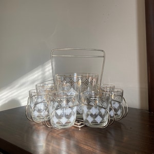 Mid Century Glassware Set and Ice Bucket; Atomic Glasses; Gold Rim Glasses; MCM; Vintage Barware