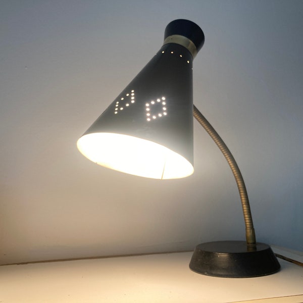 Mid Century Modern Table Lamp with Black Shade; Black and Gold Desk Lamp; MCM Gooseneck Lamp