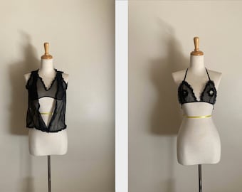 Vintage 3 Piece Bralette Lingerie Set; Black Bralette; Vintage Bralette; Black Lingerie Bras