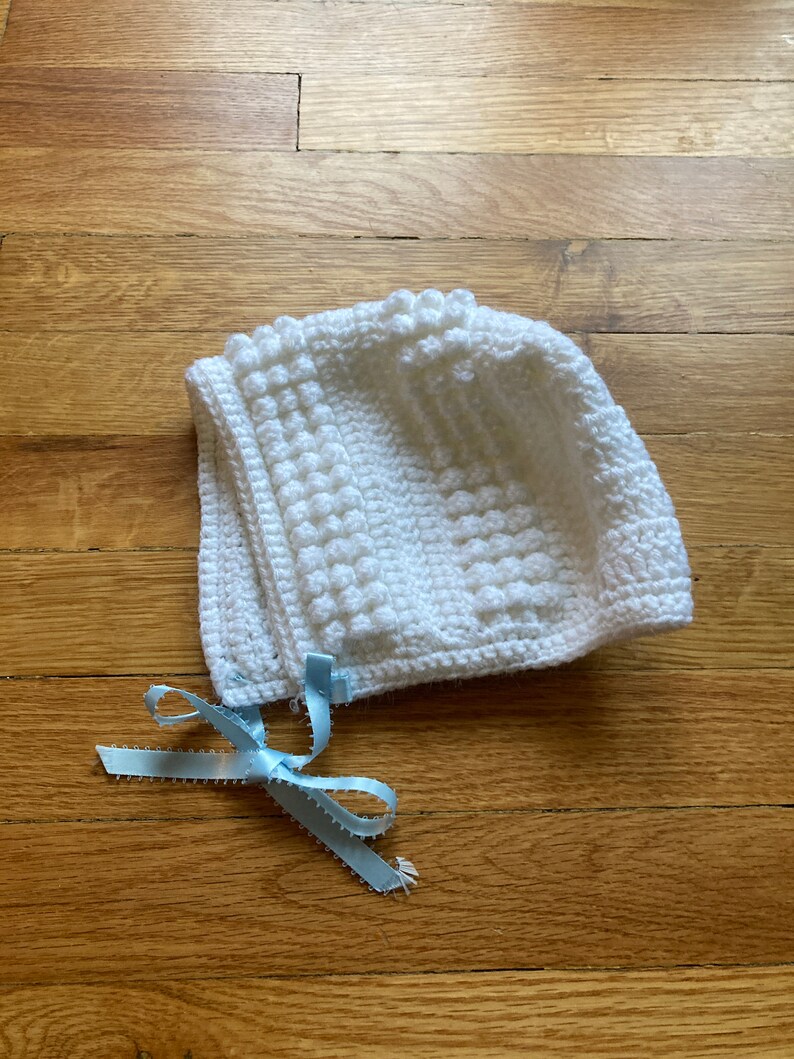 Booties Vintage Knit Baby Christening Outfit; White Baptismal Outfit; Knit Cardigan and Bonnet