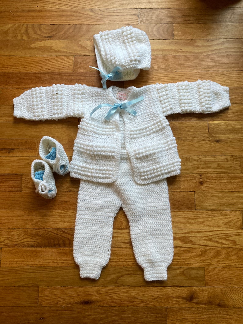 Booties Vintage Knit Baby Christening Outfit; White Baptismal Outfit; Knit Cardigan and Bonnet