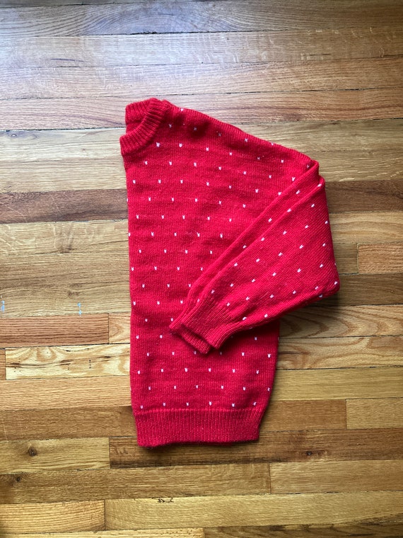 Vintage Red Knit Sweater with White Hearts; Valent