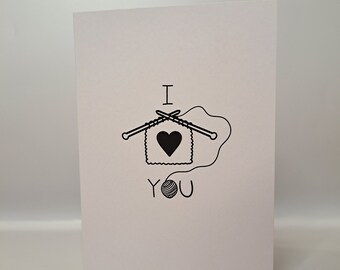 Je t'aime carte de vœux | Cartes sur le thème du tricot et de la laine, coeur tricoté, jeux de mots mignons, tout ce que vous tricotez, c'est l'amour