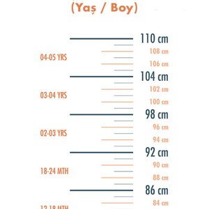 May include: A size chart in English and Turkish, showing the corresponding height in centimeters for different ages, from 12-18 months to 4-5 years.