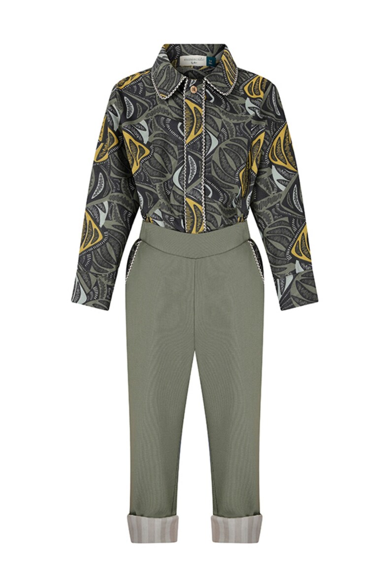 May include: A green and black patterned long-sleeve shirt with a collared neckline and a button closure. The shirt is paired with matching green pants that have a cuffed hem.