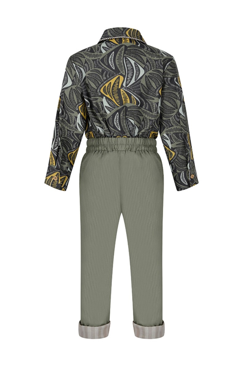 May include: A green and black patterned long-sleeve shirt with a green pair of pants. The pants have a drawstring waist and a cuffed hem.