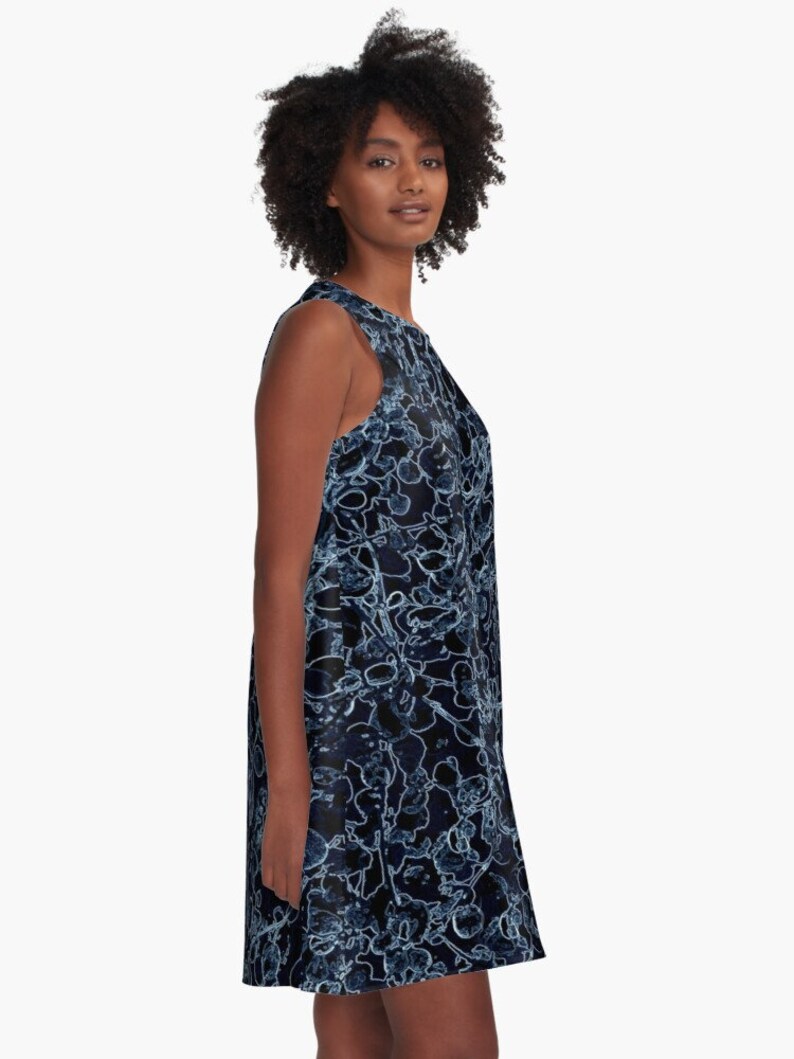 Blue on Black Original Floral Print Sleeveless A Line Dress Etsy