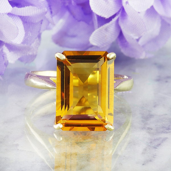 Yellow Gold Citrine Ring, Emerald Cut Citrine, Gift For Her, Prom Ring, Birthday Gift, November Birthstone, Cocktail Ring, MerryMoonJewelry
