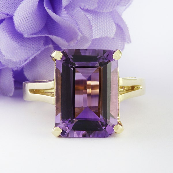 Amethyst Ring, Yellow Gold Ring, Gift For Her, Mother's Day,  Statement Ring, Emerald Cut Amethyst, MerryMoon Jewelry, February Birthstone