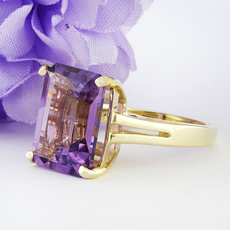 Amethyst Ring, Yellow Gold Ring, Gift For Her, Mother's Day, Statement Ring, Emerald Cut, MerryMoon Jewelry, February Birthstone, Prom Ring image 2
