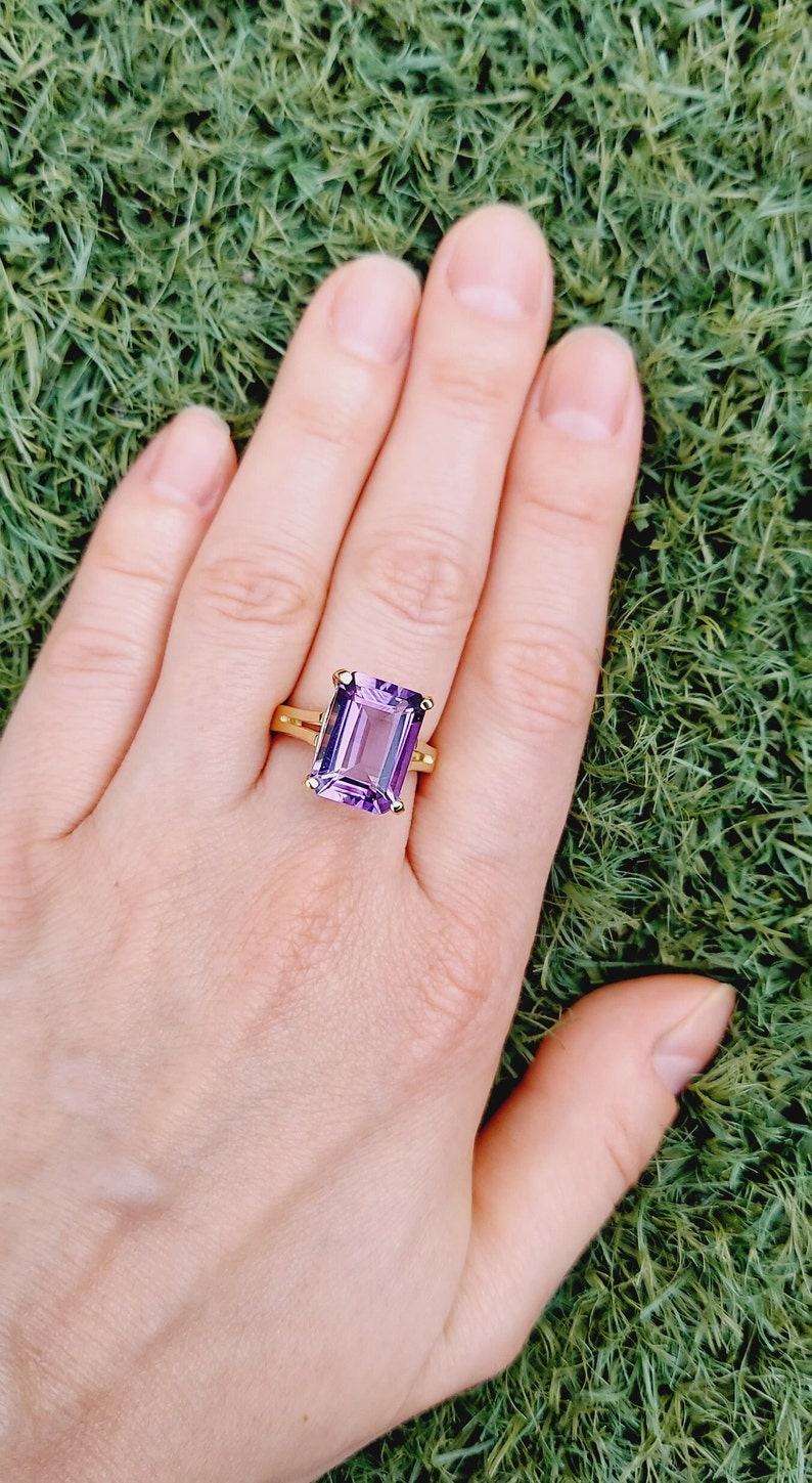 Amethyst Ring, Yellow Gold Ring, Gift For Her, Mother's Day, Statement Ring, Emerald Cut, MerryMoon Jewelry, February Birthstone, Prom Ring image 8