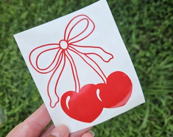 Coquette cherry Decal, Holographic Vinyl Decal For Car, Tumblers, Laptops, Gifts, Coquette Sticker, Cherry With Bow Decal, cherry Sticker