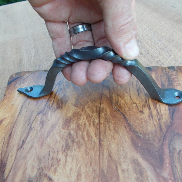 Hand forged rustic handle for cabinet, serving tray, and charcuterie board double twist