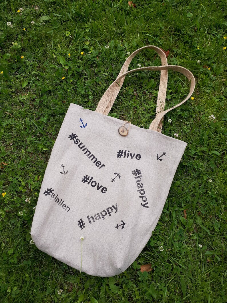 Shopper linen bag. Reusable linen bag. Hashtag print on bag. Etsy