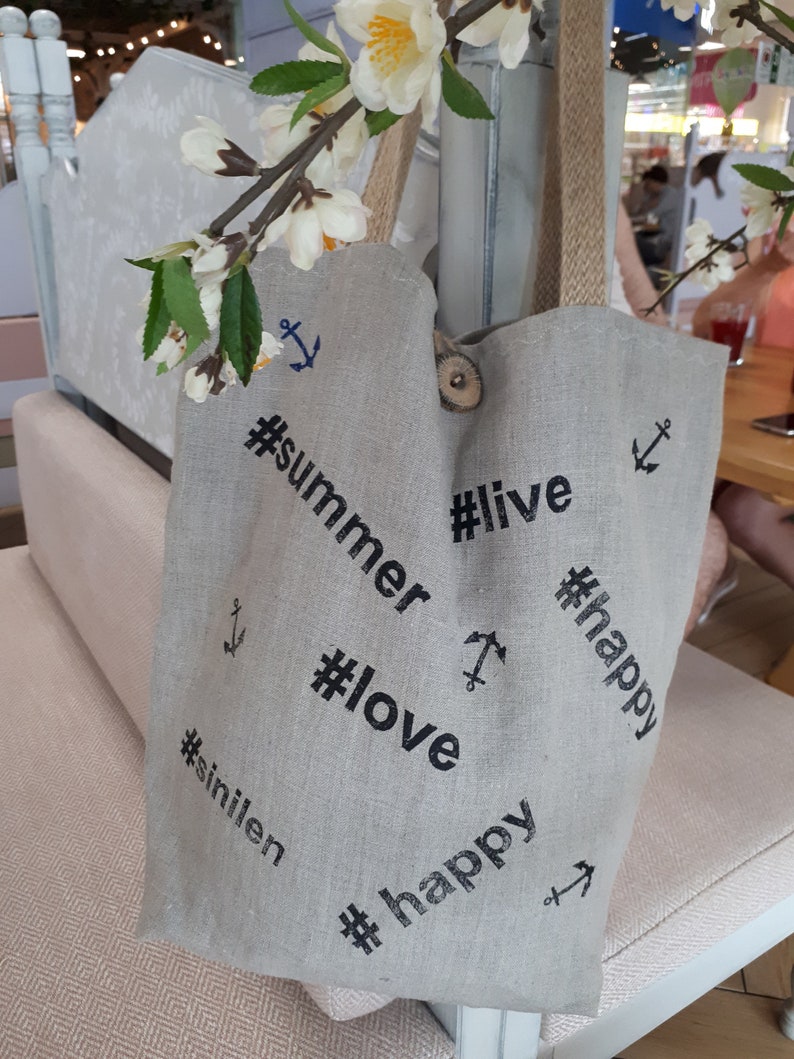Shopper linen bag. Reusable linen bag. Hashtag print on bag. Etsy